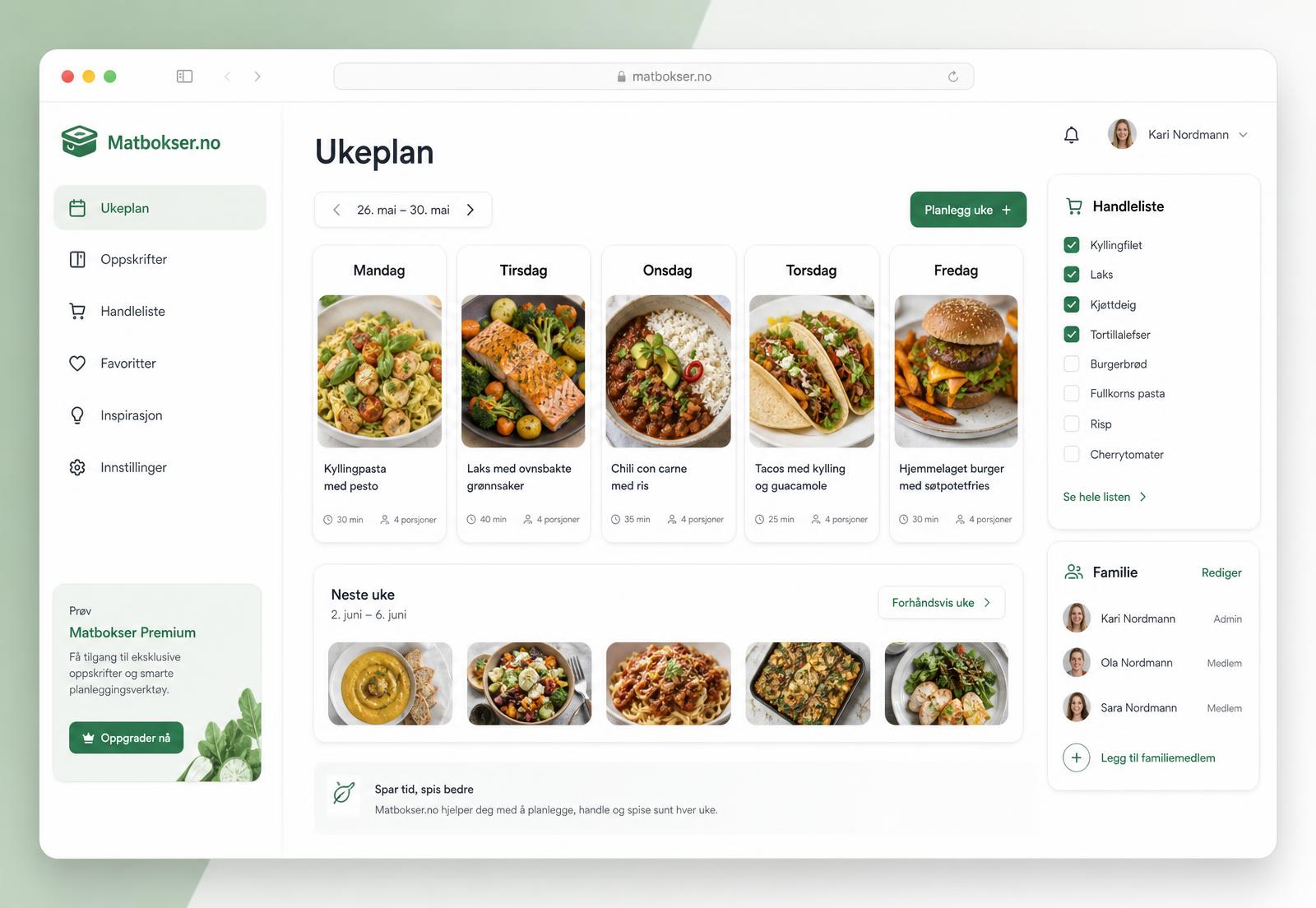 Matbokser-dashboardet med ukeplan, handleliste og familieprofil